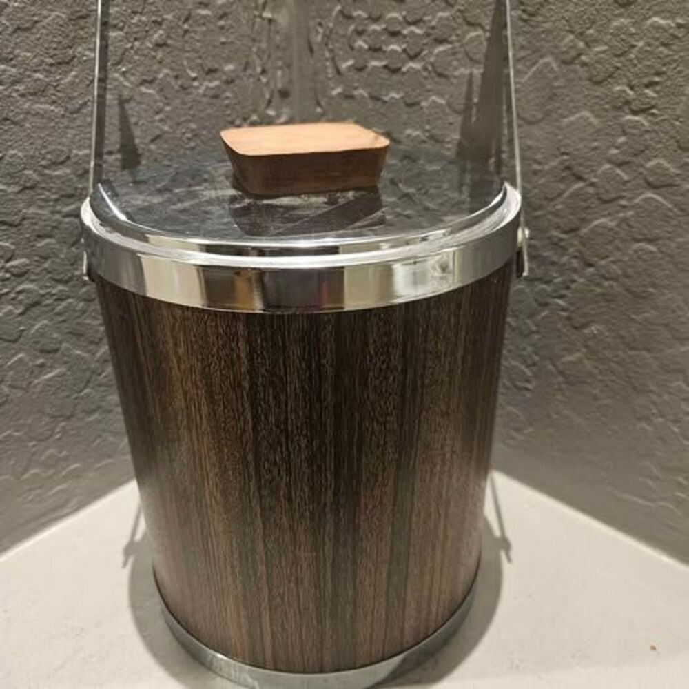 Vintage MCM Faux Walnut Wood and  Chrome Ice Bucket Kromex 8.5" x 9"